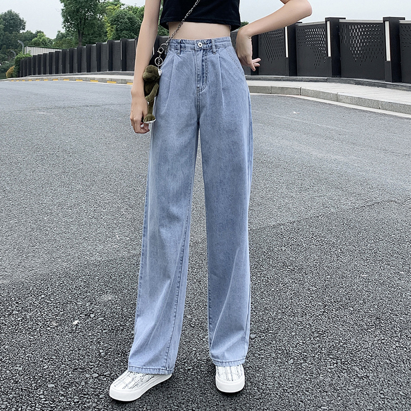 韓國2020高腰垂感牛仔褲女寬松款薄闊腿老爹泫雅拖地褲女