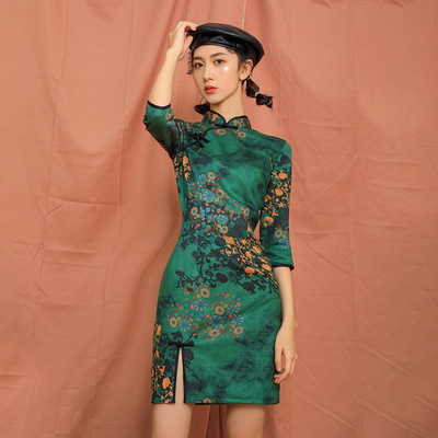 Women's chinese dresses daily girl dark green printing fashion retro deerskin velvet improved cheongsam short dress
