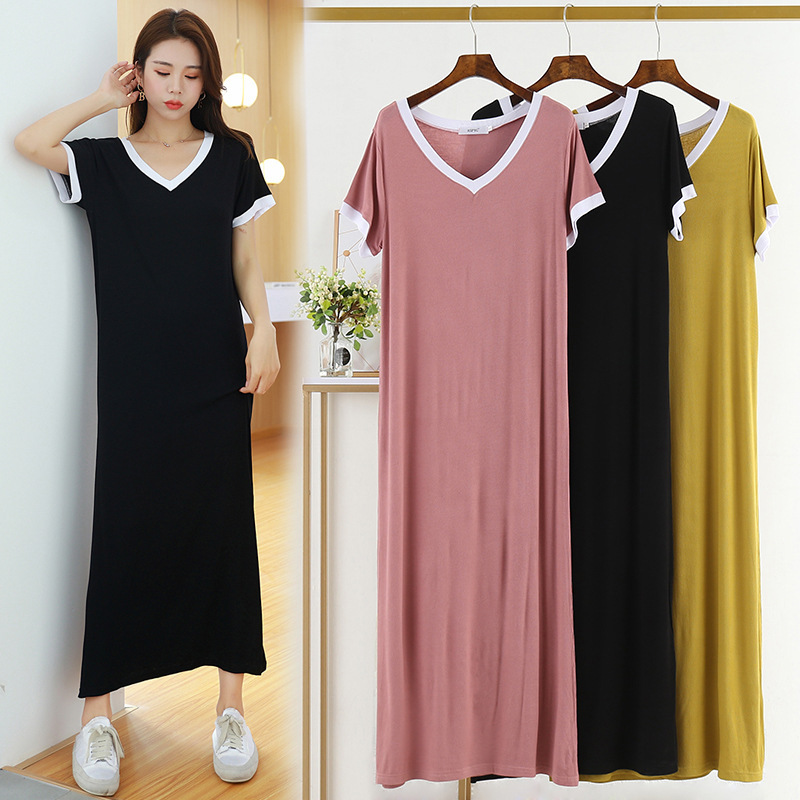 Summer New Modal Cotton Long Dress Women's Korean-style Loose Slimming Ankle Large Size Dress Over-the-knee Casual Dress