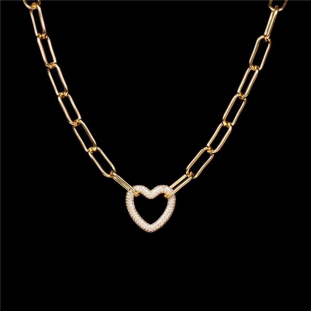 Hot Sale New Hip-hop Style Colorful Full Diamond Heart-shaped Lock Thick Chain Necklace display picture 10