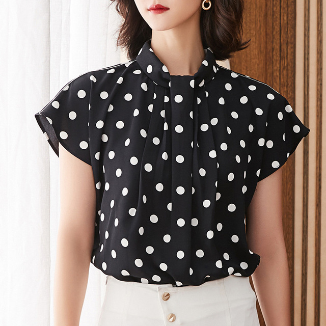 Polka Dot Chiffon Top Women’s bow short sleeve thin shirt Korean version