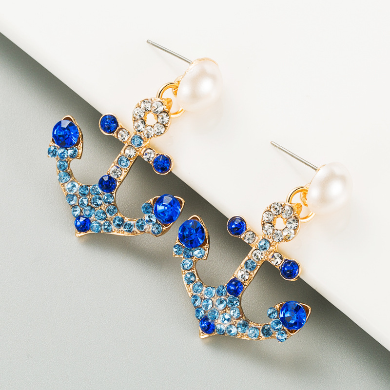 Retro Anchor Pearl Alloy Full Diamond Earrings display picture 6