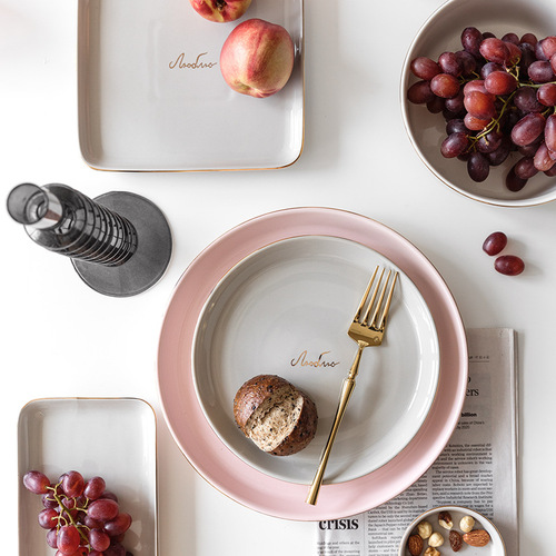 Nordic light luxury gold rim bowl set for home dining, bowl and chopsticks plate combination set, home INS tableware ceramic gift