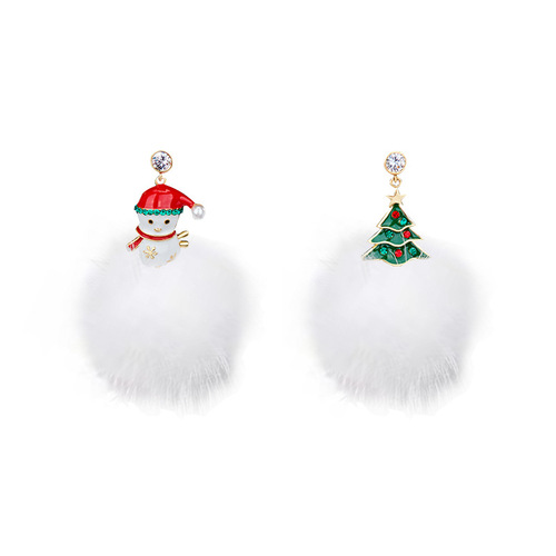 Korean Version New S925 Silver Needle Droplet Diamond Christmas Tree Snowman Fur Ball Earrings Asymmetric Retro New Year Earrings