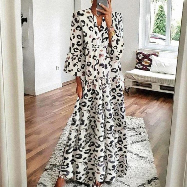 Rochie lungă boho cu imprimeu leopard pentru femei primăvară_voghion.com