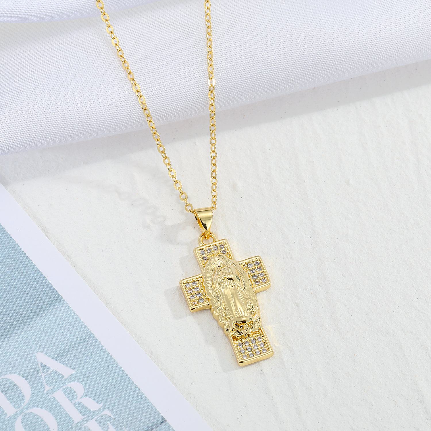 vintage Virgin Mary pendant rhinestone zircon necklace