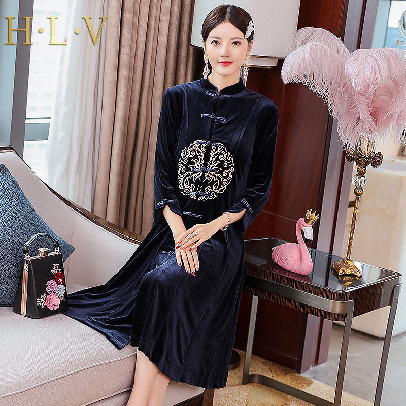 一件代发 2020新款中国风刺绣丝绒盘扣新式旗袍连衣裙改良3903