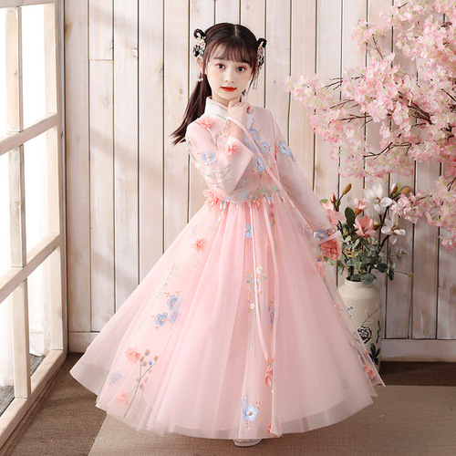 Kids Pink blue fairy hanfu dresses for girls  children ancient costume Ru fairy fine gauze skirt girl children's wear autumn clothes