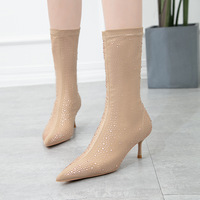 2666-3 European and American fashion female boots with bare high-heeled boots fine diamond thin boots pointed lycra elastic joker short boots