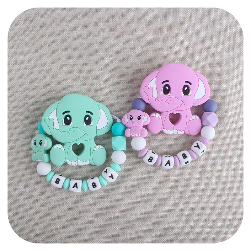 Nuevo clip de pico de pato de plástico elefante mordedor de silicona juguete molar carta de silicona mordedor bebé puede cambiar el nombre