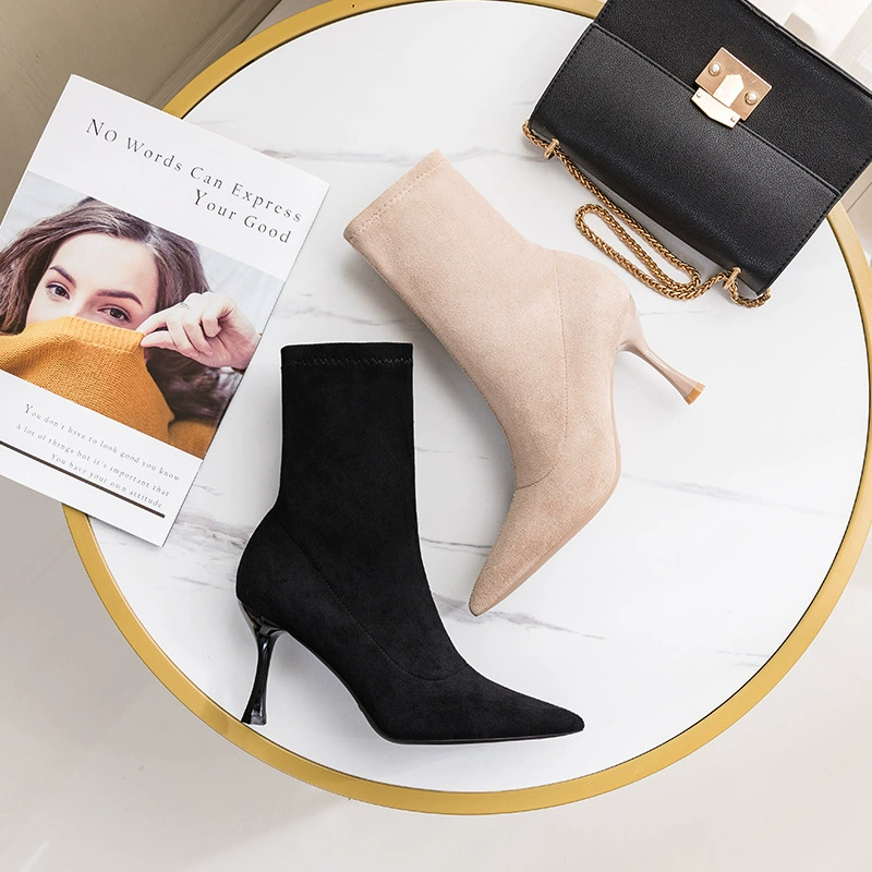 Элегантные женские сапоги с острым носком, новинка 2025 года, замшевые модные сапоги на шпильке в европейском и американском британском стиле, высокие сапоги на каблуке до середины икры оптом