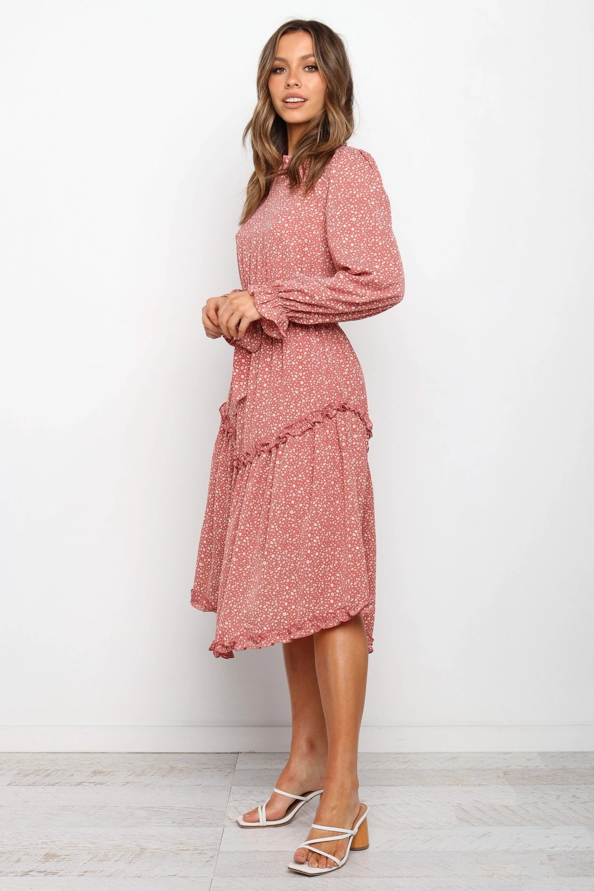  half-high collar long-sleeved waist belt printing mid-length dress NSYD3719