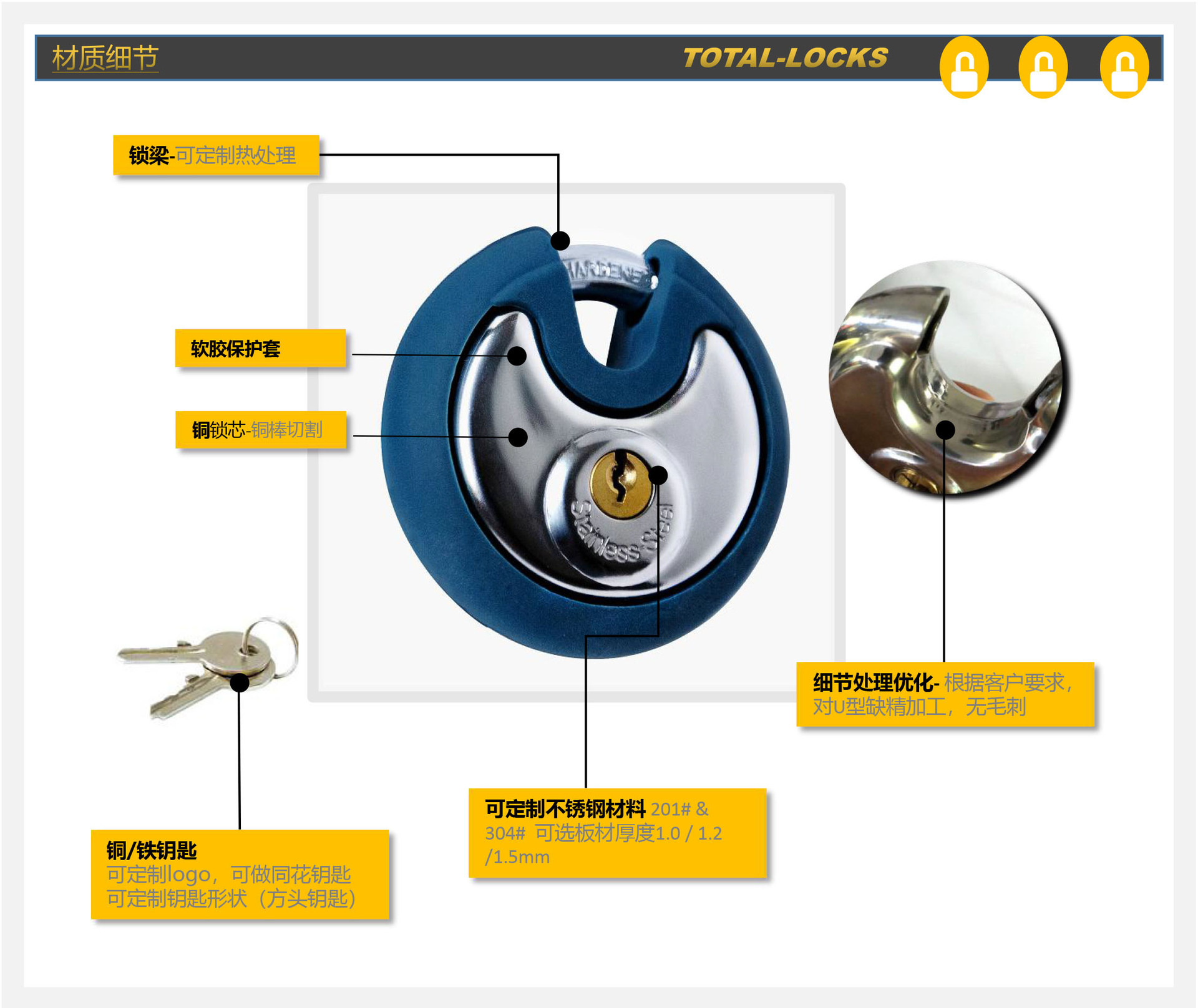 现货70mm 圆饼锁带保护套 不锈钢 元宝 圆盘 月牙锁 disc paldock阿里巴巴
