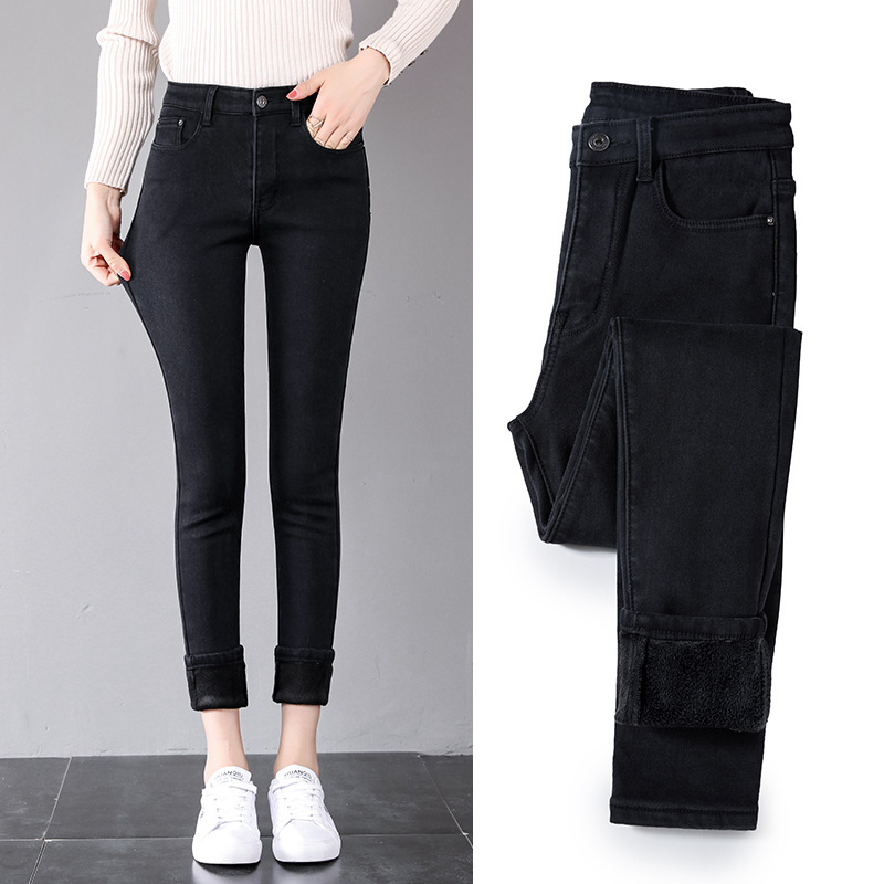 Fashionable Jeans Women's Lapped Wool Winter Outer Wear Korean Style High Waist Stretch Ankle-length Pants Slim-fit Slimming Pencil Pants