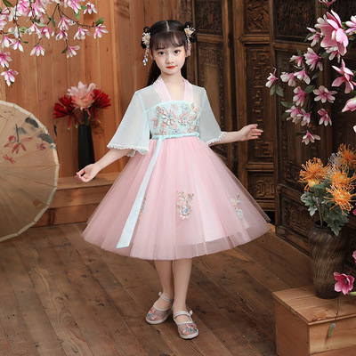 女童连衣裙唐装夏装春秋中大童中国风超仙小女孩襦裙儿童短袖汉服