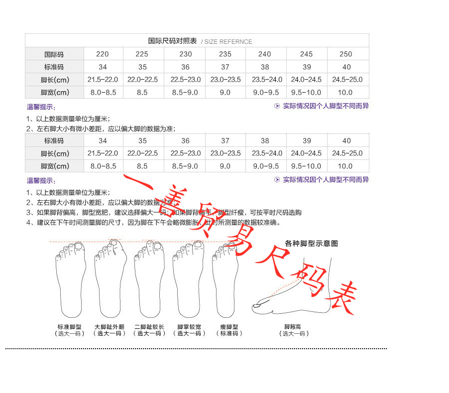 尺码对照表