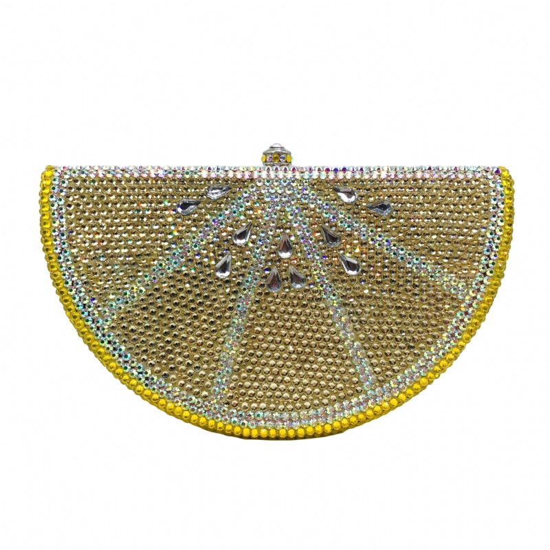 Túi clutch nữ đính đá hình quả chanh, hộp cứng kim cương đáy phẳng, kèm dây xích 48 cm — Màu vàng