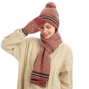 Зимний трикотажный удерживающий тепло шарф, шерстяная шапка, перчатки, Amazon, европейский стиль, 3 предмета