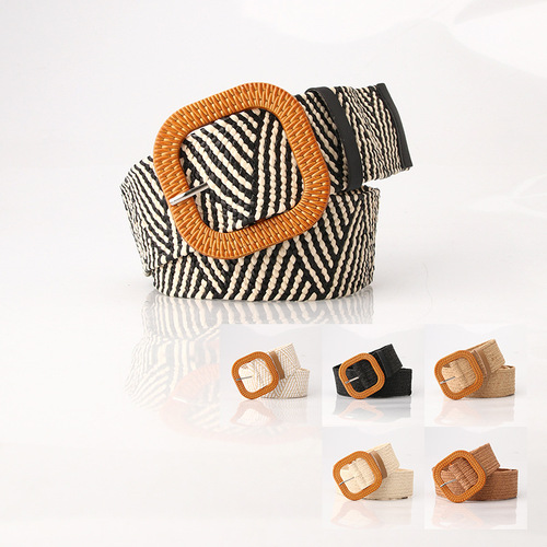 Cross-border new style imitation grass woven women's elastic belt with personalized large plastic buckle and versatile dress elastic waistband