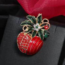 欧美跨境外贸新款镶钻圣诞节礼物滴油高档红苹果胸针水果胸花衣饰