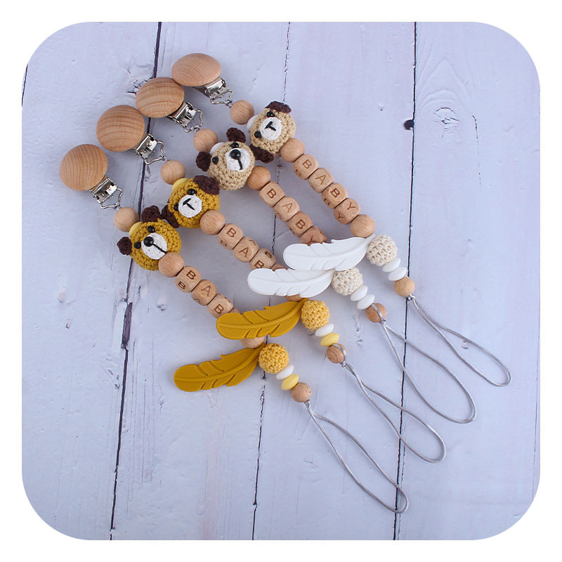 Nueva haya chupete clip bola de lana animal dibujos animados bebé nombre personalizado pluma silicona teether juguete molar