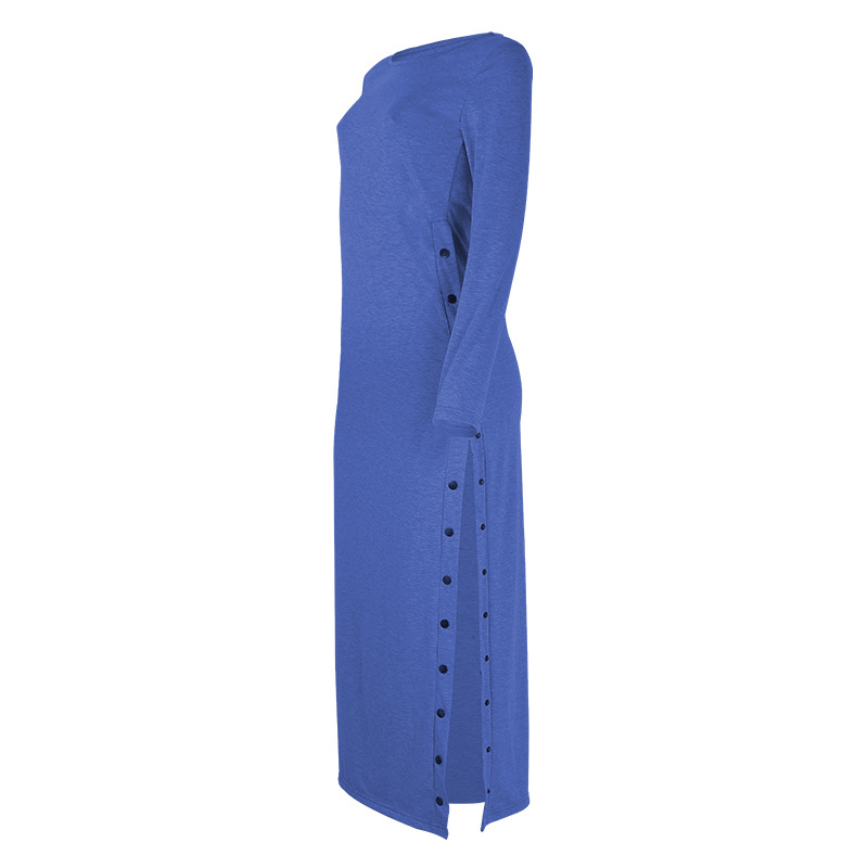 solid color long-sleeved round neck button split dress NSKX8440