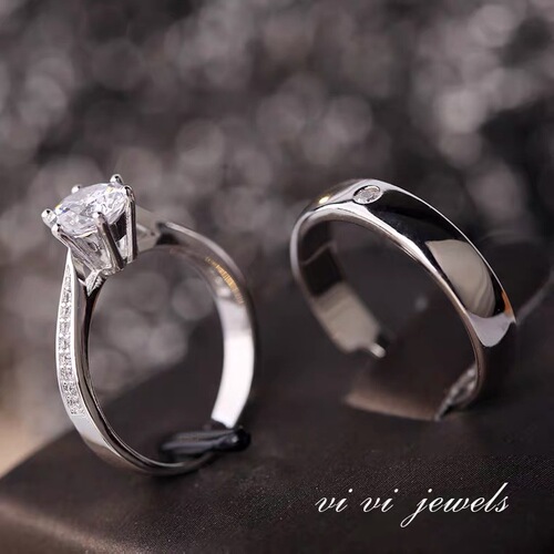 Cross-border exclusive six-prong zircon couples' Japanese and Korean simple closed-mouth adjustable engagement wedding rings