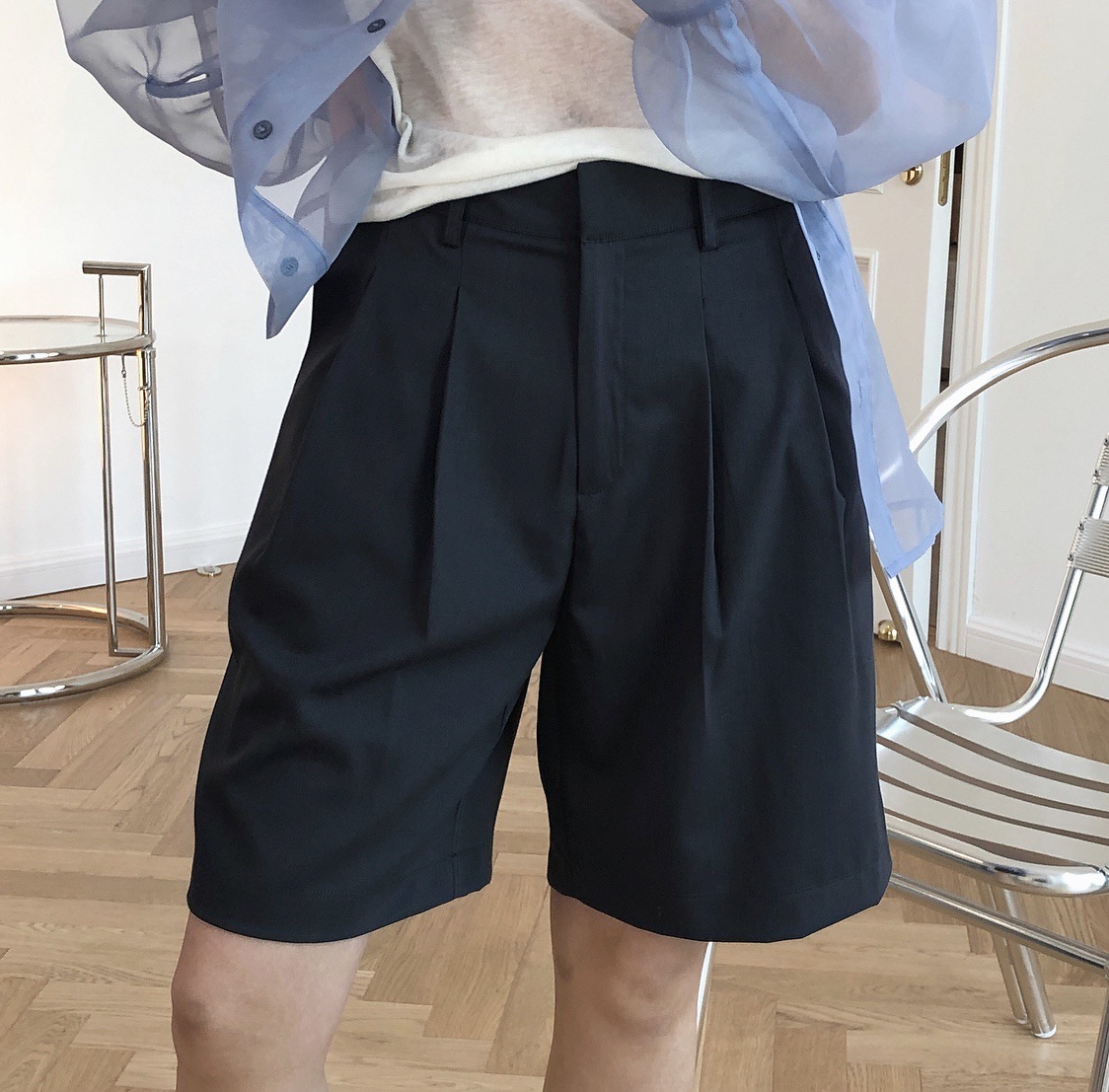 夏季新时髦羊毛高腰阔腿西装中裤宽松显瘦百搭百慕大五分裤子女潮