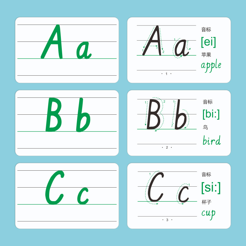 蒙育 小学生英语学习26个字母ABC书写提示音标读音防污覆膜厚卡片