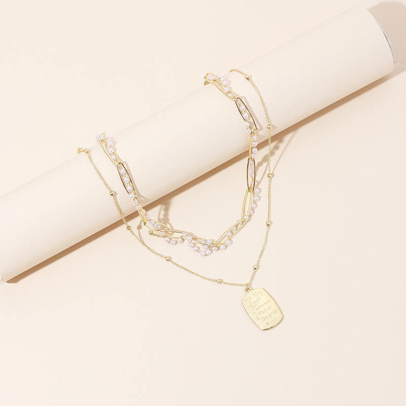 25g Weight Necklace Classification Wedding, Travel Occasion Women'S Gender Gold Color Fashion Multi-layer Ladies Pearl English Letter Tag Necklace Style Simple And Stylish Thin Clavicle Chain For Women Nihaojewelry 6