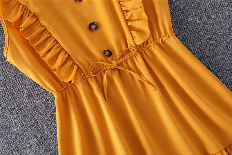 New Yellow V-neck Flounce Bubble Lace-up Dress in Dresses