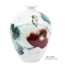 景德镇陶瓷器手绘粉彩窑变花瓶荷花小鸟现代简约中式家居客厅摆件