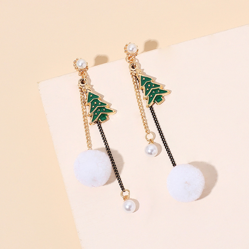 9g Weight Earrings Classification Wedding, Travel, Birthday, Festival Occasion Women'S Gender White, Red, Green Color Tassel Christmas Retro Asymmetrical Hair Ball Pearl Earrings 2