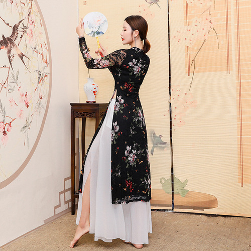 Classical dance practice clothes for women female black floral qipao dress rhyme printed lace elegant cheongsam Chinese style folk dance costumes