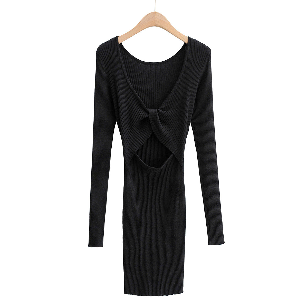 Two-Sided Wear Hollow Slim Long-Sleeved Short Solid Color Knitted Dress NSZQW115395