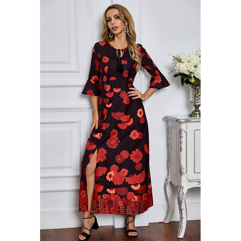 print long sleeve V-neck dress  NSSA26051