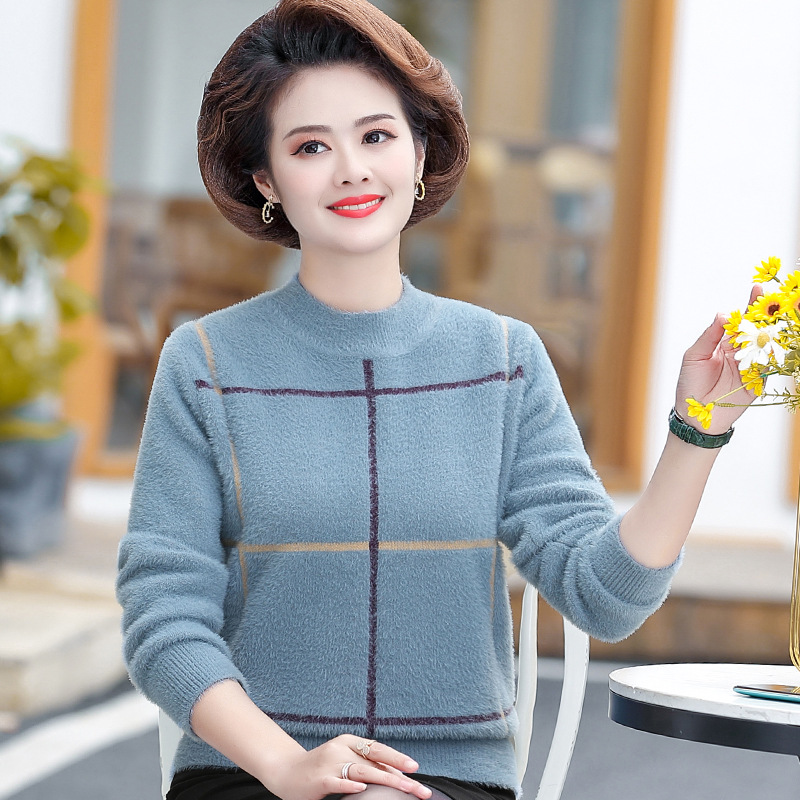 妈妈秋冬装仿水貂绒毛衣女半高圆领保暖加厚中老年女装打底衫上衣