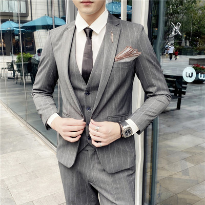 男式西服套装韩版修身条纹三件套定制礼服西装套装一扣宴会婚礼服|ru