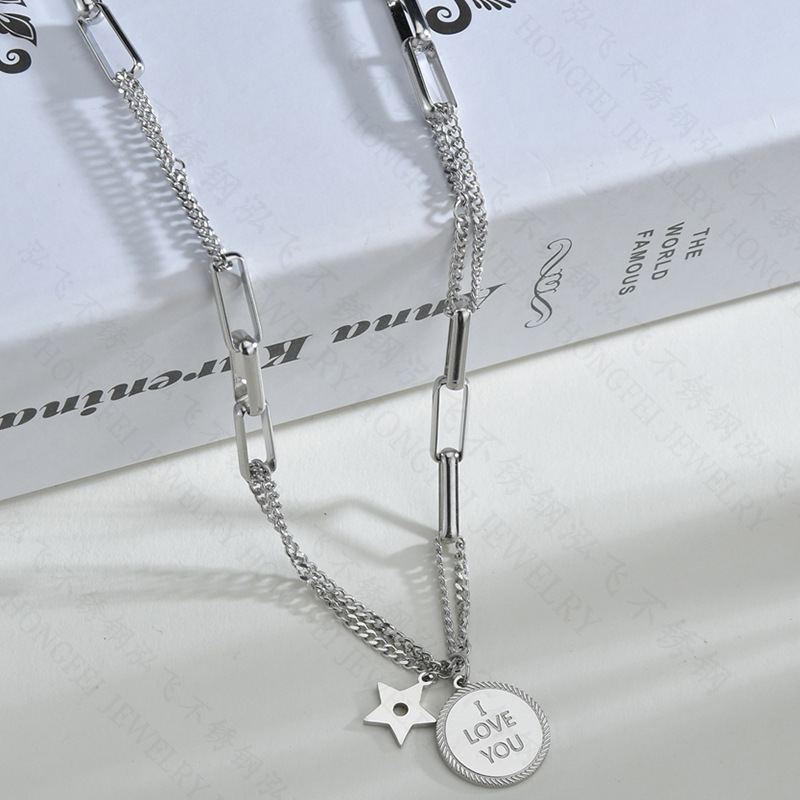 Fashion Love Round Pendant Hip-hop Style Stainless Steel Five-pointed Star Tassel Chain Necklace display picture 4