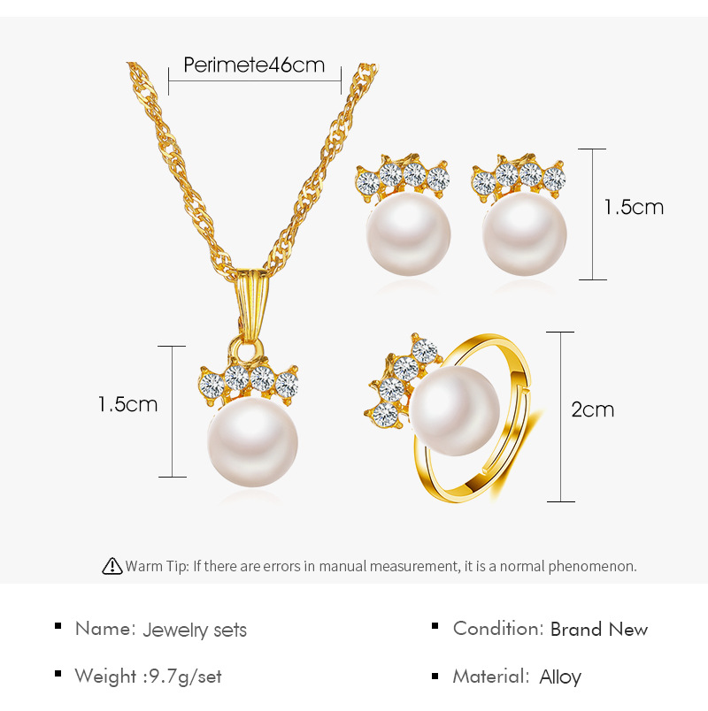 New Fashion With Four Diamonds And Pearl Earrings Ring Necklace Three-piece Set display picture 1