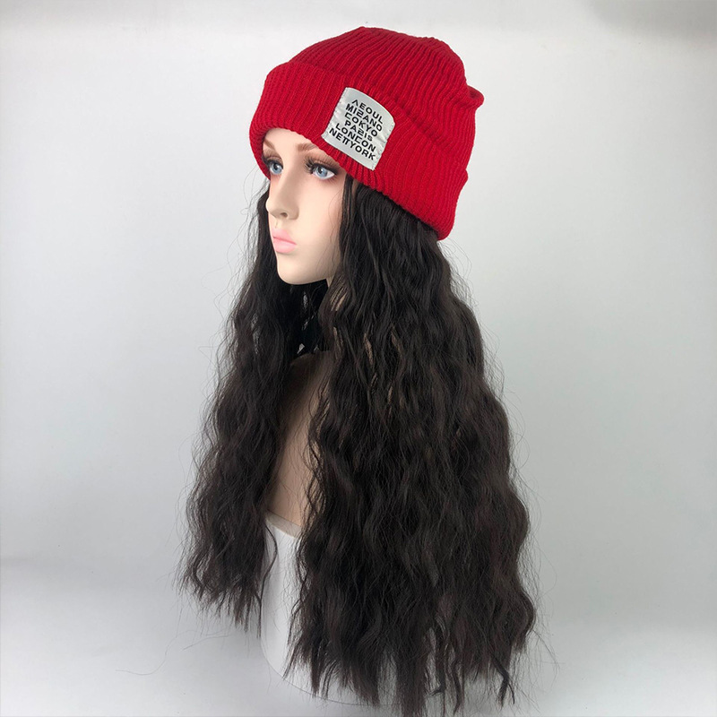 fashion wool knitted hat wig all in one winter warm Ruili long curly big wave full head cover_voghion.com