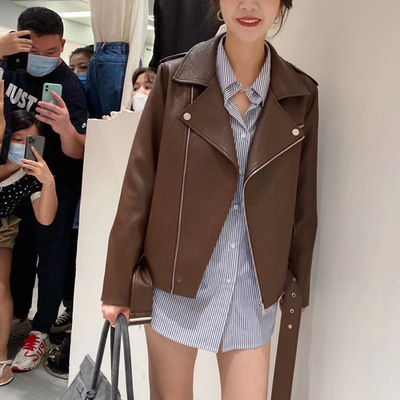 氣質翻領拼接短款拉鏈韓版女式冬季長袖寬松型OL通勤仿皮革皮衣