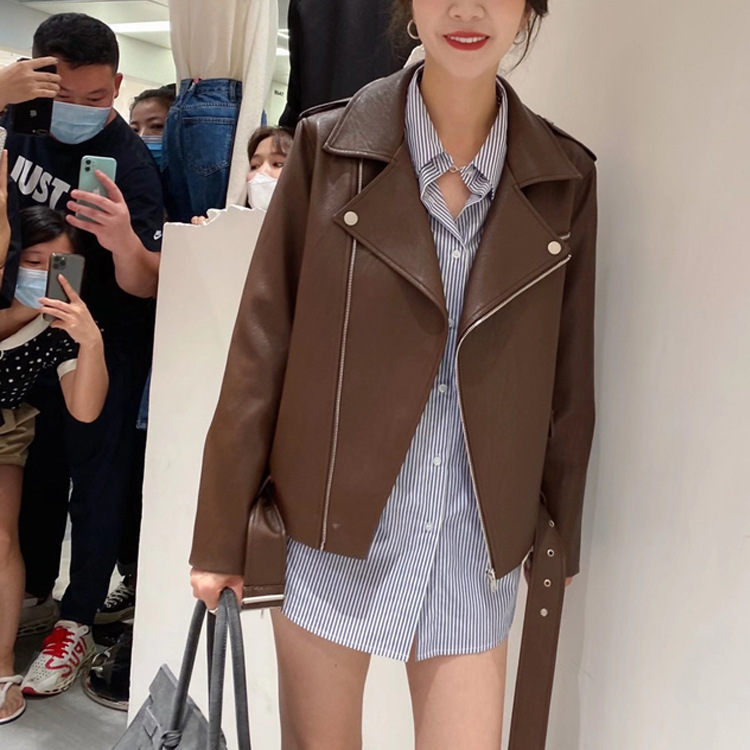 氣質翻領拼接短款拉鏈韓版女式冬季長袖寬松型OL通勤仿皮革皮衣