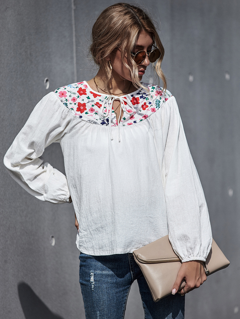 autumn and winter cotton and linen embroidery slim top linen retro long-sleeved shirt NSDF338