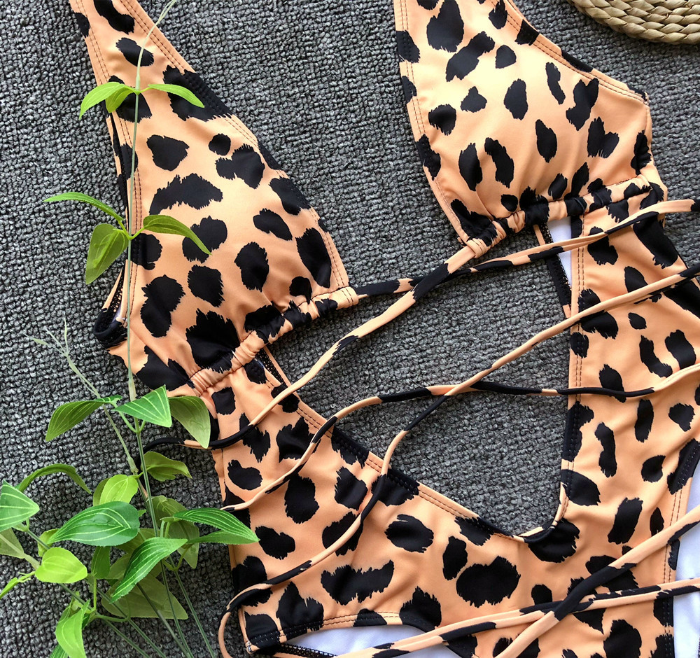 leopard print hollow strap one-piece swimsuit NSDA34548