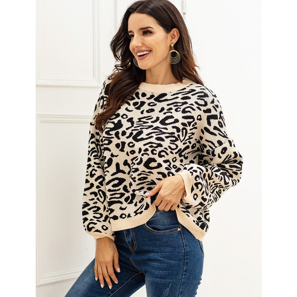 leopard print round neck long-sleeved loose bottoming sweater NSSA40041