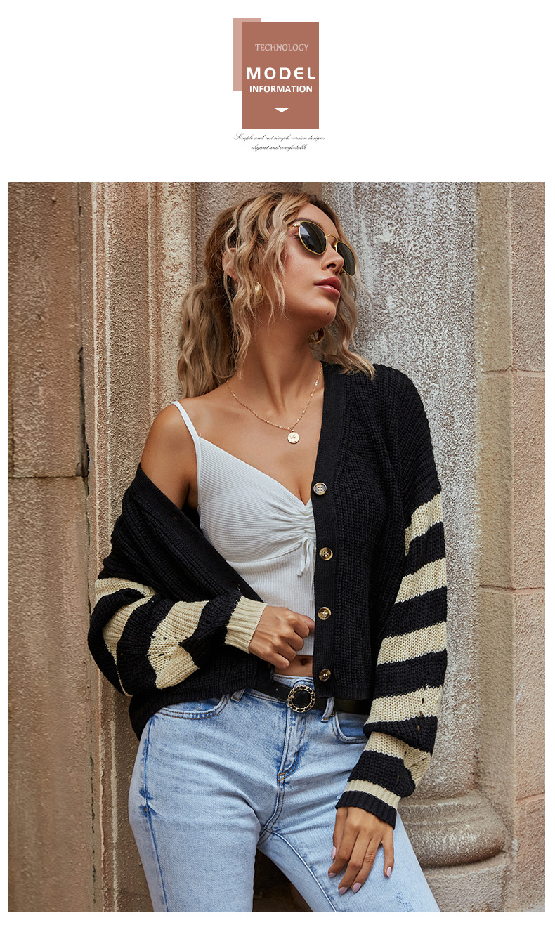 women s striped v-neck color-block knit short sweater cardigan nihaostyles wholesale clothing NSDMB79414