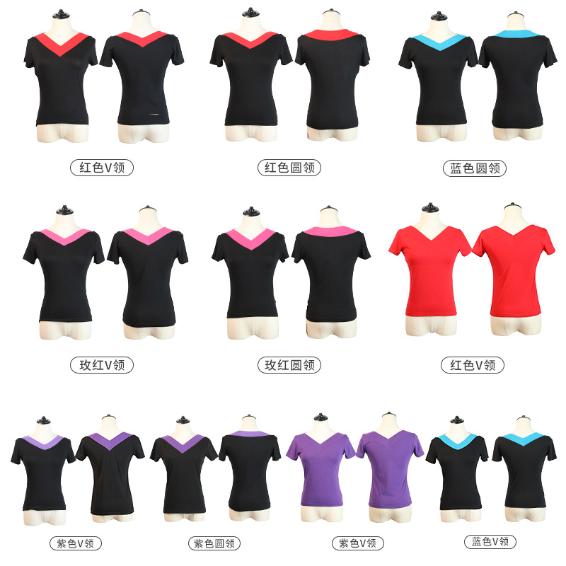 Ropa de baile cuadrada de mediana edad y ancianos con cuello en V para mujer nueva camiseta modal ropa de baile ropa de práctica de manga corta