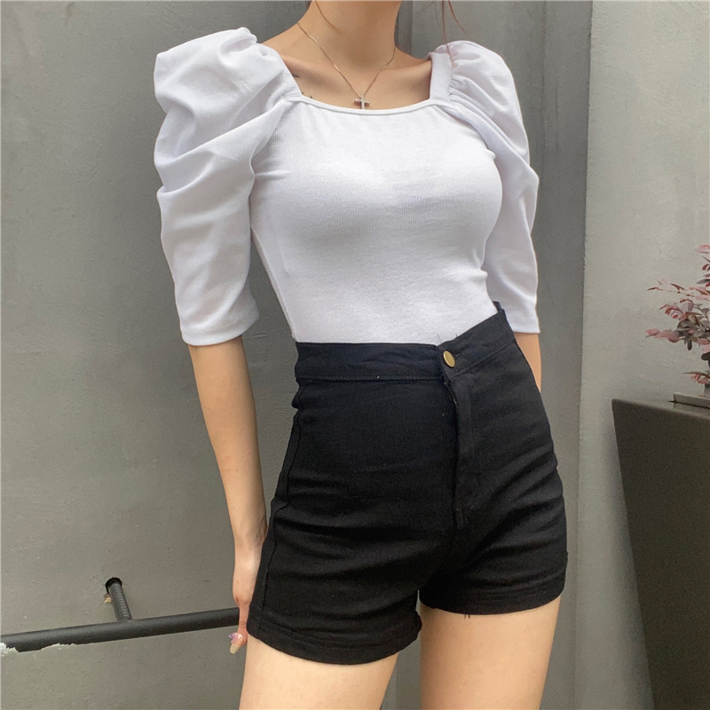 Square neck summer new puff sleeve slim-fitting t-shirt NSMEI55108