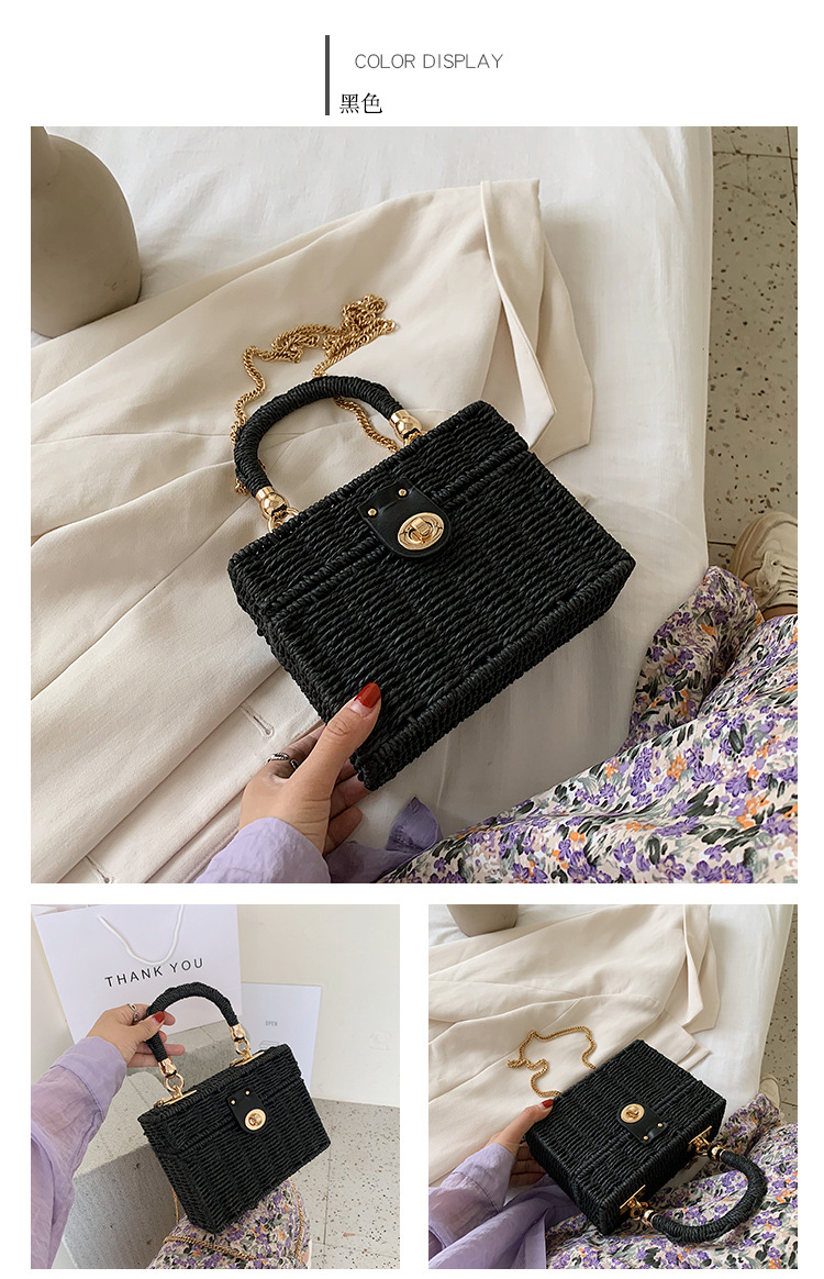 Square Shape Khaki, Beige, Black Color Medium Straw Solid Color Square Buckle Straw Bag